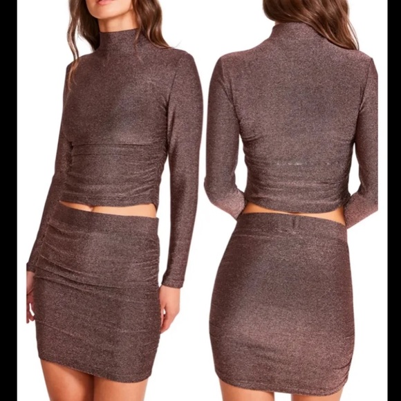 BB Dakota by Steve Madden Side Hustle Ruched Glitter Mock Neck Top & Skirt Set - Picture 2 of 8